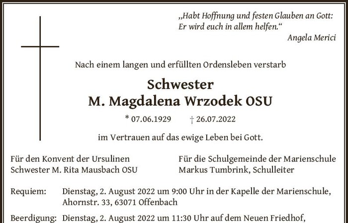 Wir nehmen Abschied von Schwester Magdalena