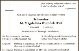 Wir nehmen Abschied von Schwester Magdalena